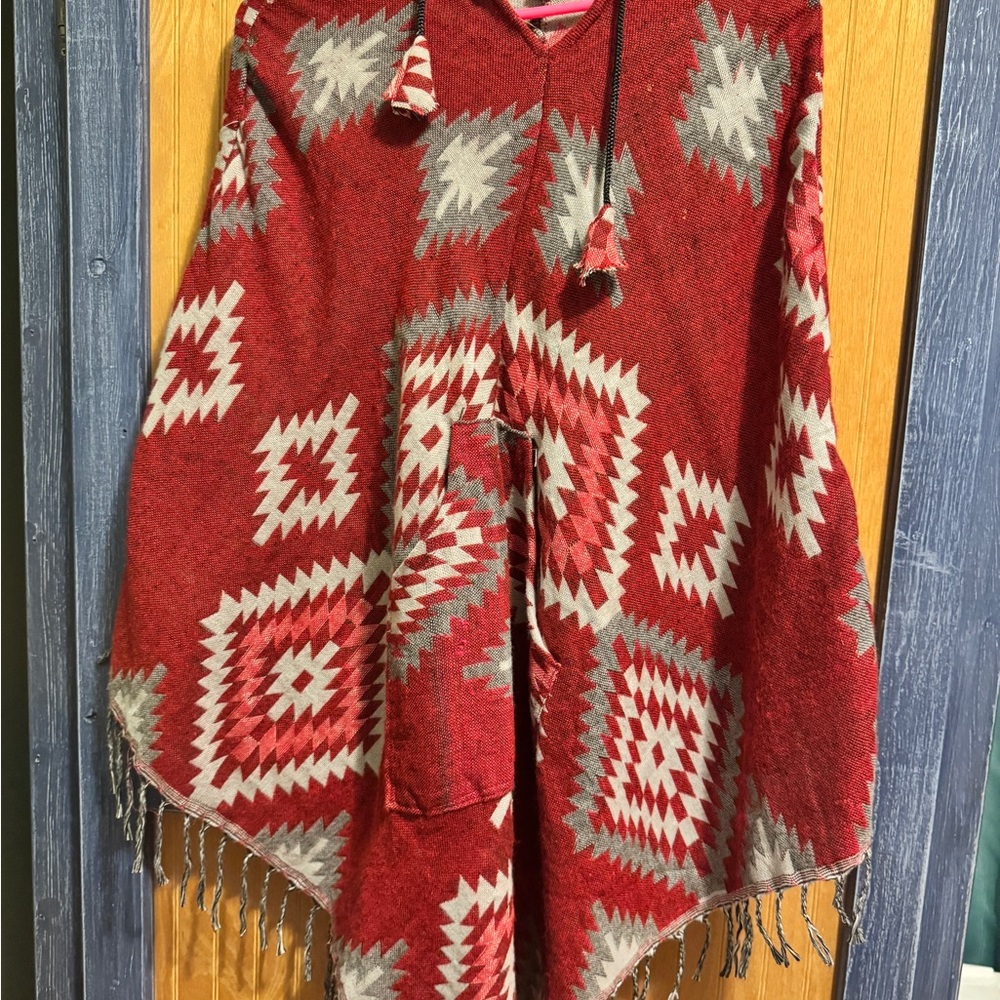 Red Geometric Aztec Pattern Poncho